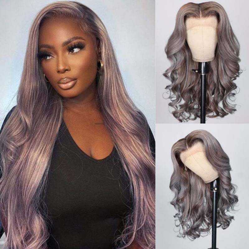 Ulike 13x4 Lace Front Ash Violet With Brown Roots Highlights Multicolor Body Wave Wigs