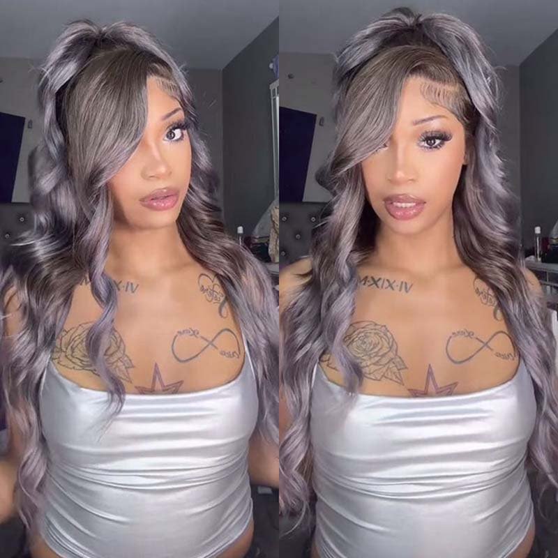 Ulike 13x4 Lace Front Ash Violet With Brown Roots Highlights Multicolor Body Wave Wigs