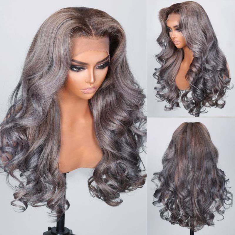 Ulike 13x4 Lace Front Ash Violet With Brown Roots Highlights Multicolor Body Wave Wigs