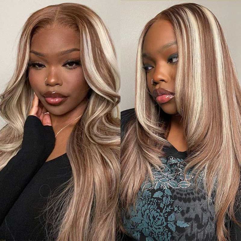 Alibonnie Brown With Blonde Highlight Wigs P4/613 13x4 Transparent Lace Straight Wigs