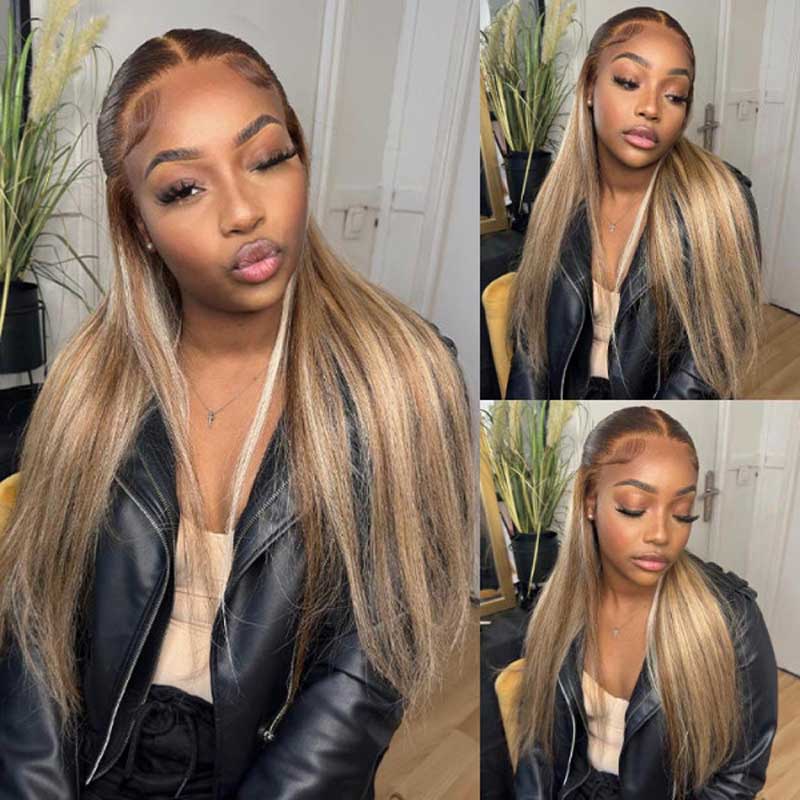 Alibonnie Brown With Blonde Highlight Wigs P4/613 13x4 Transparent Lace Straight Wigs