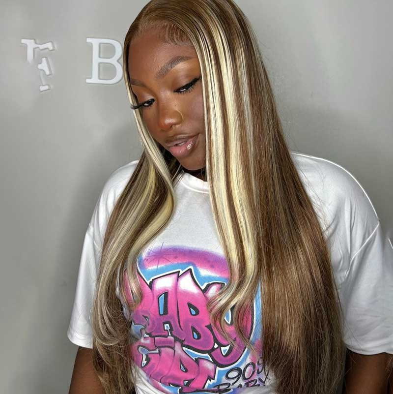 Alibonnie Brown With Blonde Highlight Wigs P4/613 13x4 Transparent Lace Straight Wigs