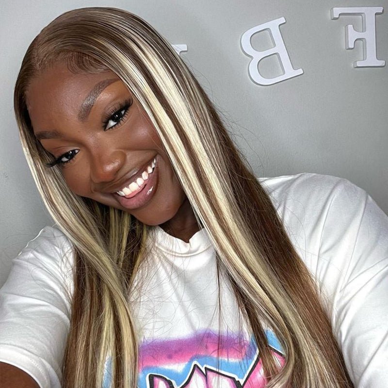 Alibonnie Brown With Blonde Highlight Wigs P4/613 13x4 Transparent Lace Straight Wigs