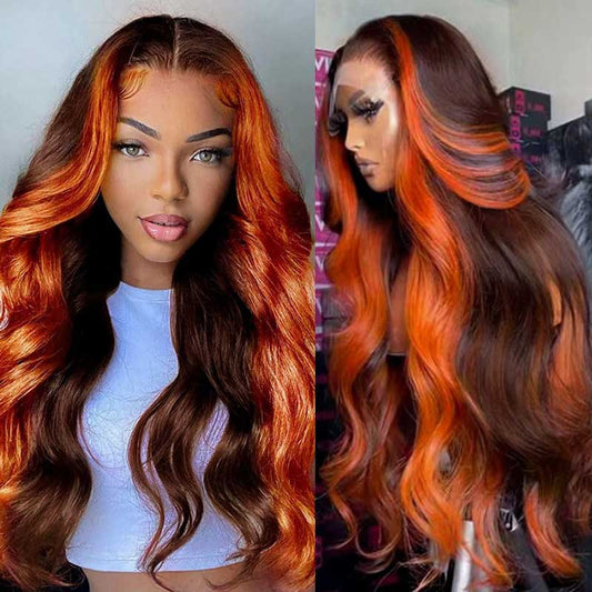 Ulike 13x6 Lace Front Ginger Highlight Body Wave Human Hair Transparent Lace Wigs