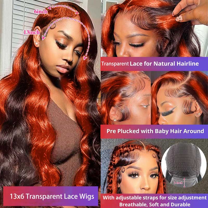 Ulike 13x6 Lace Front Ginger Highlight Body Wave Human Hair Transparent Lace Wigs