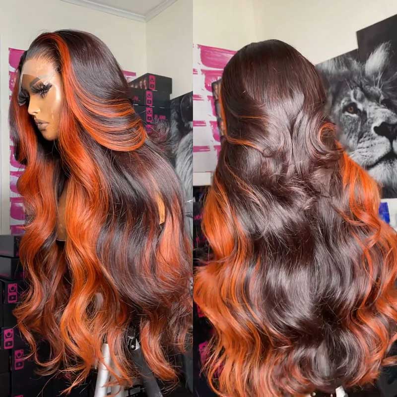 Ulike 13x6 Lace Front Ginger Highlight Body Wave Human Hair Transparent Lace Wigs