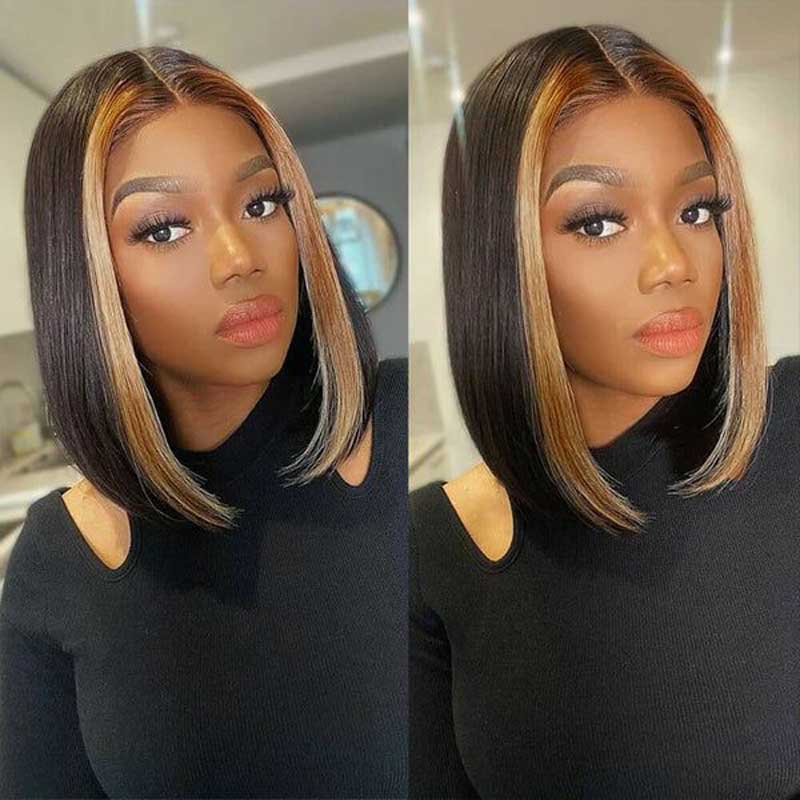 ulike 1B/27 Skunk Stripe Bob Straight Wigs Human Hair  4x4 13x4 Lace Highlight Wigs