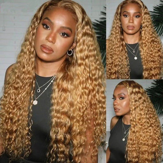 Ulike #27 Honey Blonde Color Water Wave 13×4 Transparent Lace Front Wig Pre Plucked