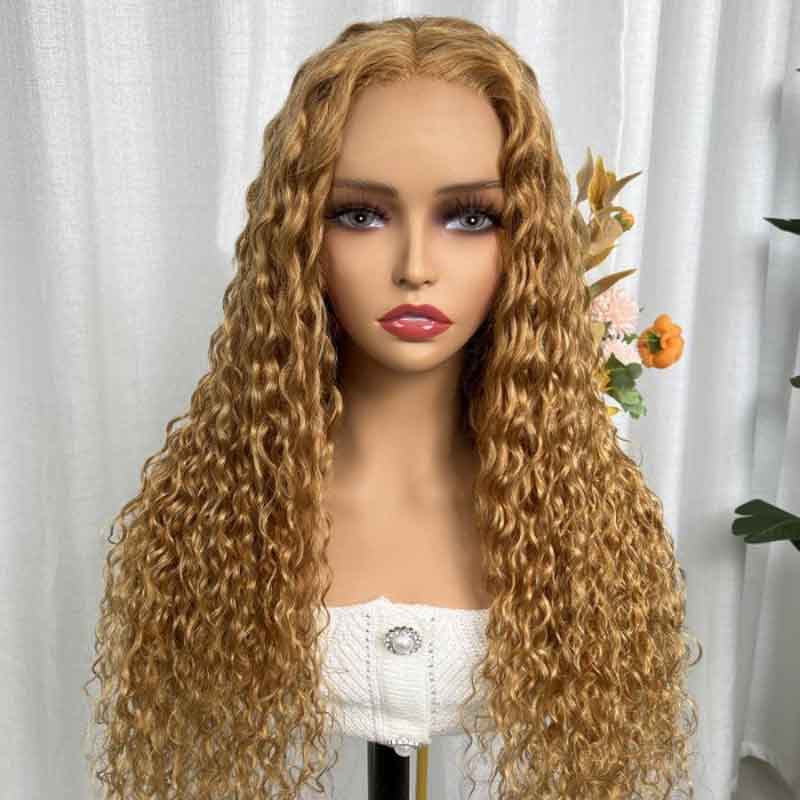 Ulike #27 Honey Blonde Color Water Wave 13×4 Transparent Lace Front Wig Pre Plucked