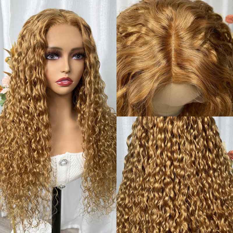 Ulike #27 Honey Blonde Color Water Wave 13×4 Transparent Lace Front Wig Pre Plucked