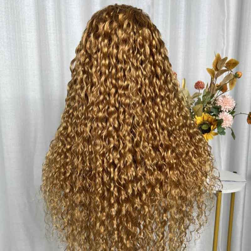 Ulike #27 Honey Blonde Color Water Wave 13×4 Transparent Lace Front Wig Pre Plucked