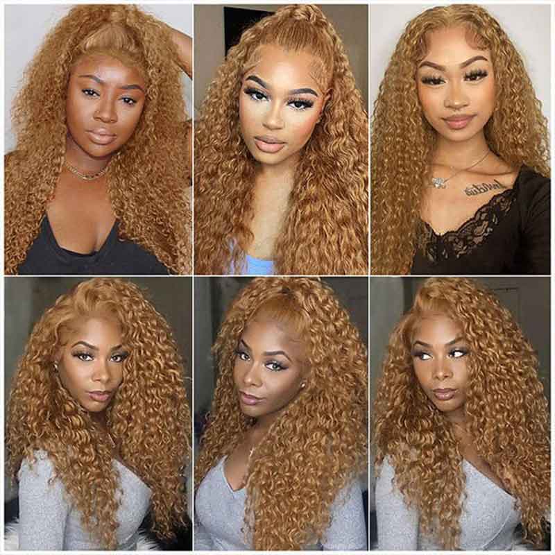 Ulike #27 Honey Blonde Color Water Wave 13×4 Transparent Lace Front Wig Pre Plucked