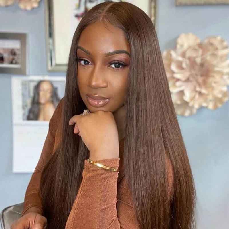 Ulike #4 Dark Brown Colored Full Lace Wigs Straight Hair Chocolate Brown Wigs 180% Density