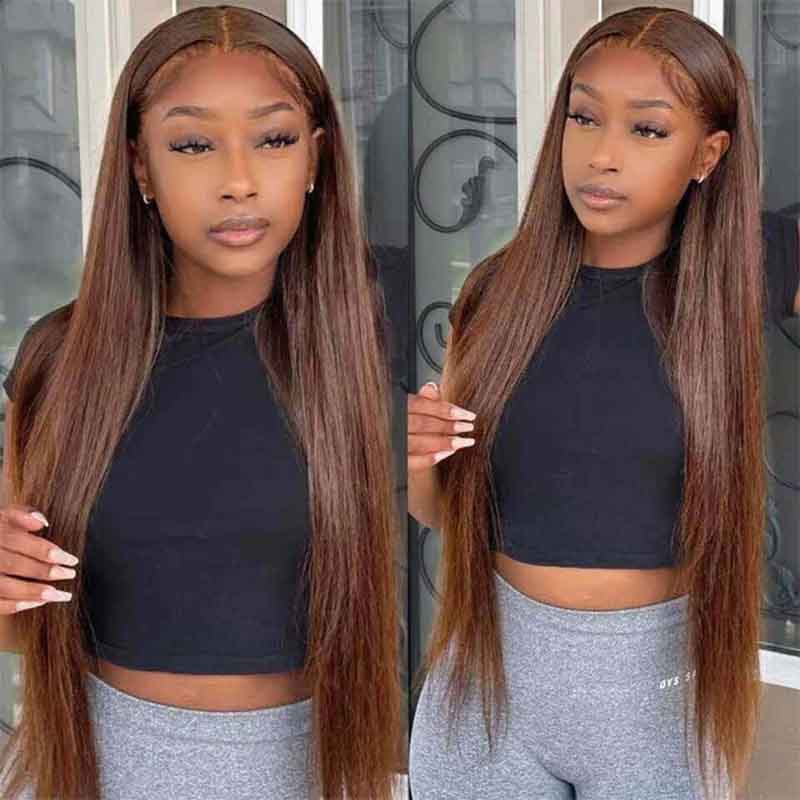 Ulike #4 Dark Brown Colored Full Lace Wigs Straight Hair Chocolate Brown Wigs 180% Density