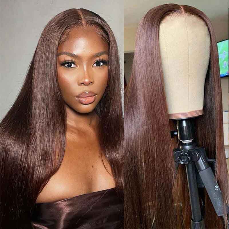 Ulike #4 Dark Brown Colored Full Lace Wigs Straight Hair Chocolate Brown Wigs 180% Density