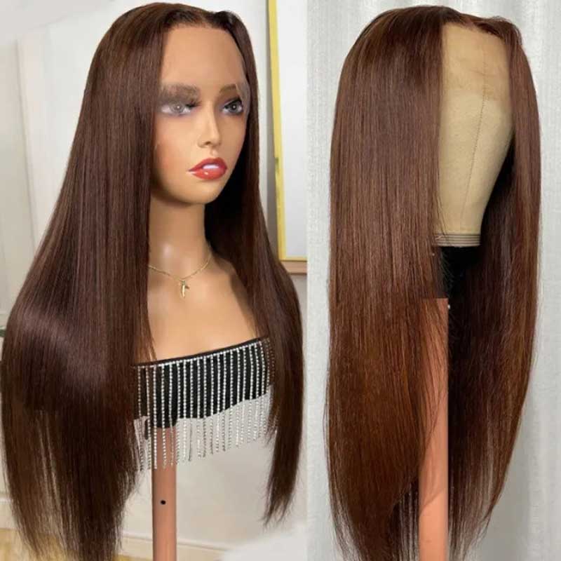 Ulike #4 Dark Brown Straight Layered Cut Human Hair 360 Transparent Lace Human Hair Wigs