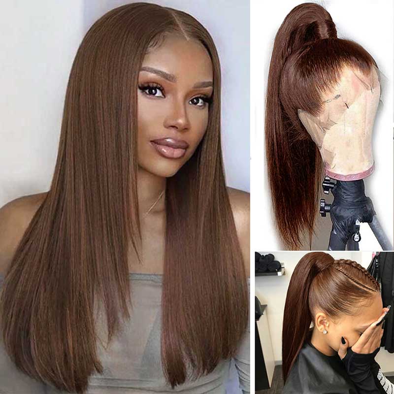 Ulike #4 Dark Brown Straight Layered Cut Human Hair 360 Transparent Lace Human Hair Wigs