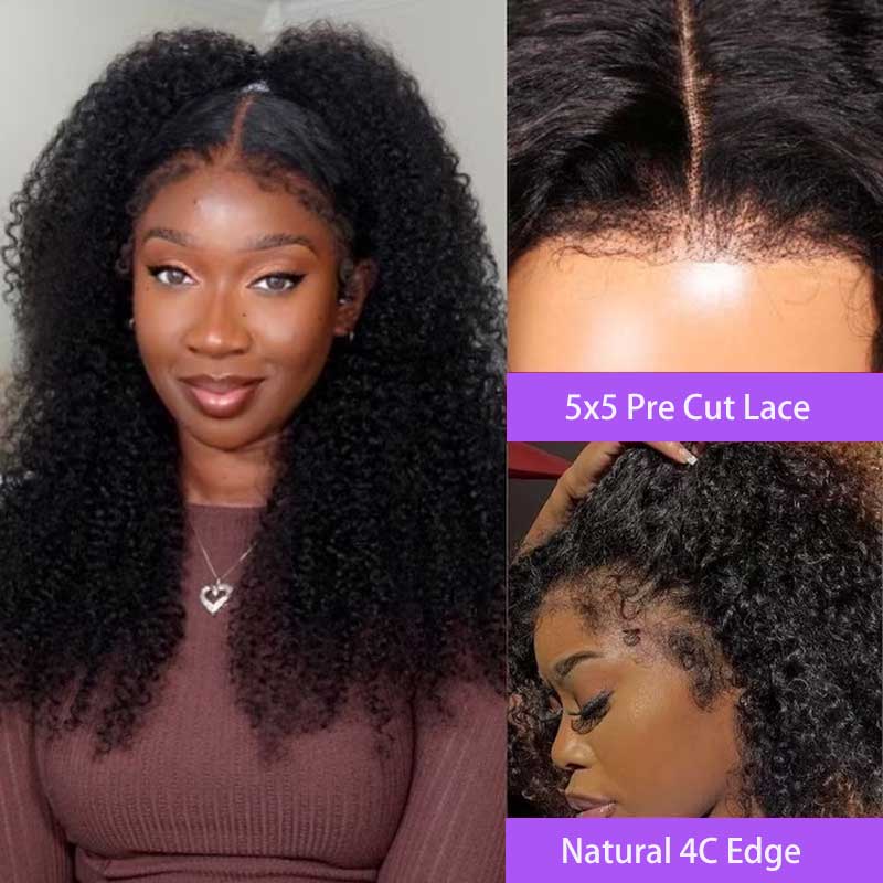 Ulike 4C Edges No Glue 5x5 Kinky Curly Wigs Natural Hairline Human Hair Wigs 180% Density