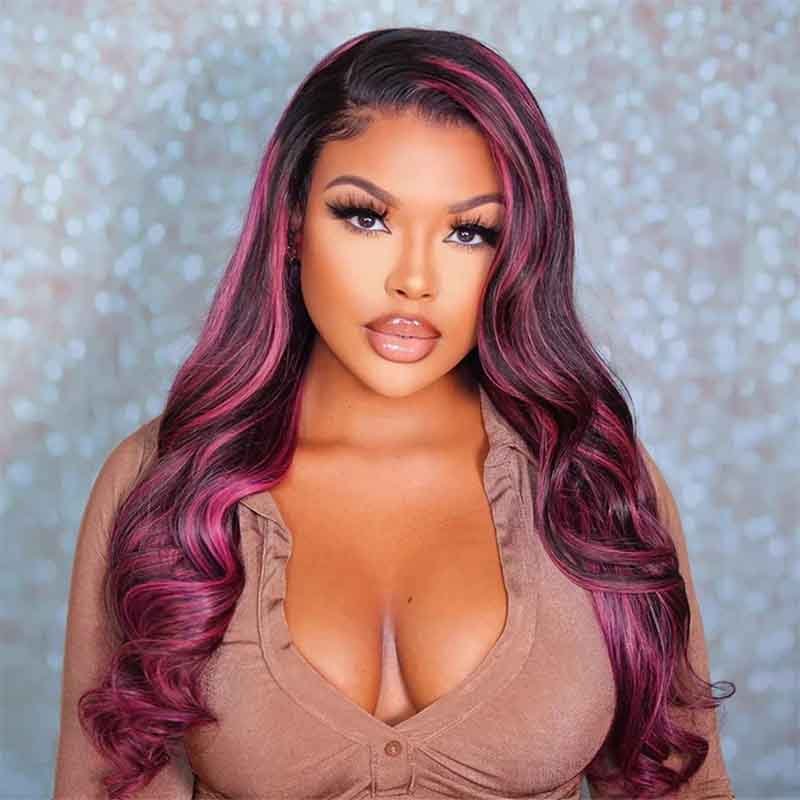 Ulike Black Hair With Red Purple Highlights Straight And Body Wave 13×4 Transparent Lace Wigs 180% Density