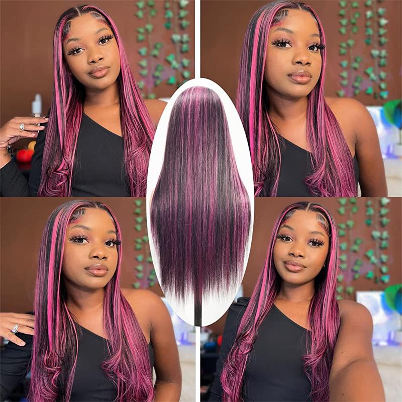 Ulike Black Hair With Red Purple Highlights Straight And Body Wave 13×4 Transparent Lace Wigs 180% Density