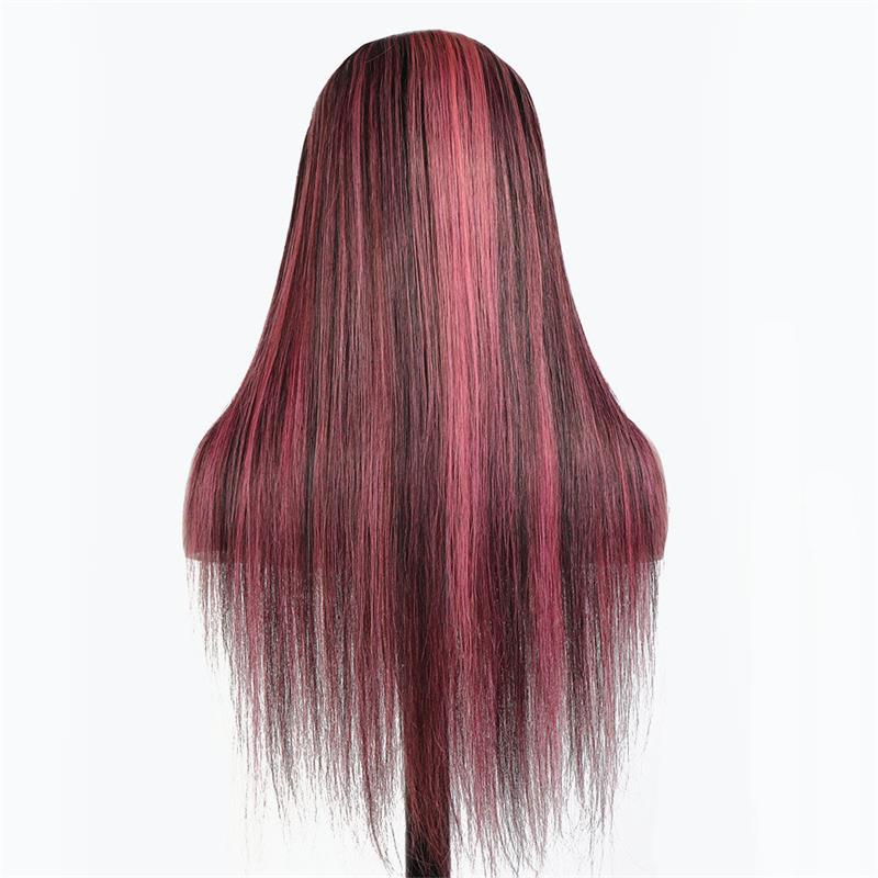 Ulike Black Hair With Red Purple Highlights Straight And Body Wave 13×4 Transparent Lace Wigs 180% Density