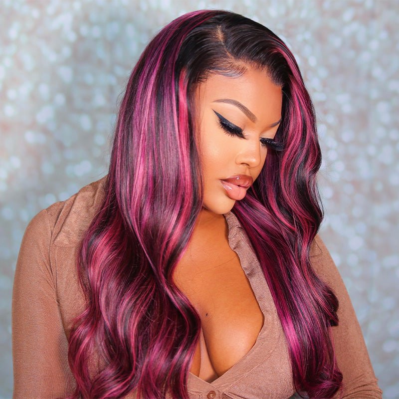 Ulike Black Hair With Red Purple Highlights Straight And Body Wave 13×4 Transparent Lace Wigs 180% Density