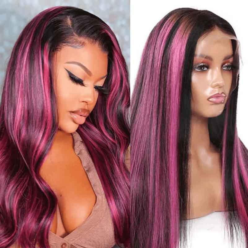 Ulike Black Hair With Red Purple Highlights Straight And Body Wave 13×4 Transparent Lace Wigs 180% Density