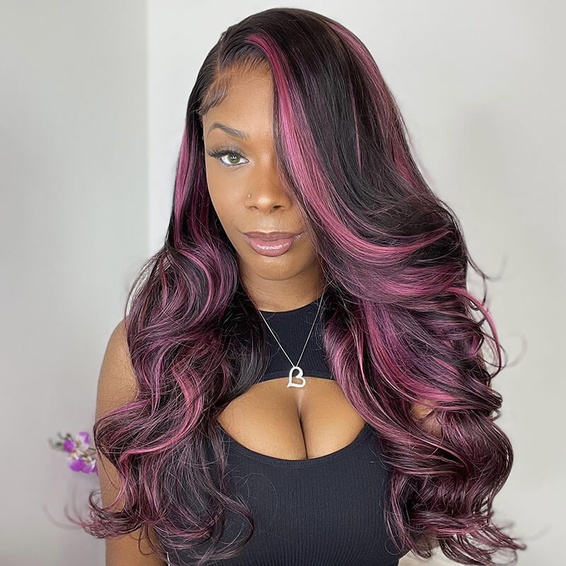 Ulike Black Hair With Red Purple Highlights Straight And Body Wave 13×4 Transparent Lace Wigs 180% Density