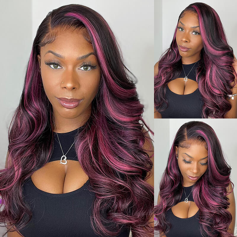 Ulike Black Hair With Red Purple Highlights Straight And Body Wave 13×4 Transparent Lace Wigs 180% Density