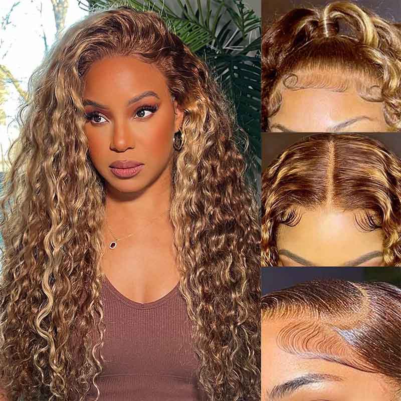 Ulike Blonde Highlight 360 Transparent Lace Wigs Pre Plucked Water Wave Hair Wigs