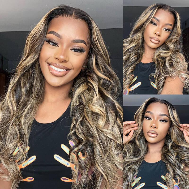 Ulike Body Wave Balayage Highlight 13×4 Lace Front Wig Transaparent Human Hair Wigs 180% 250% Density