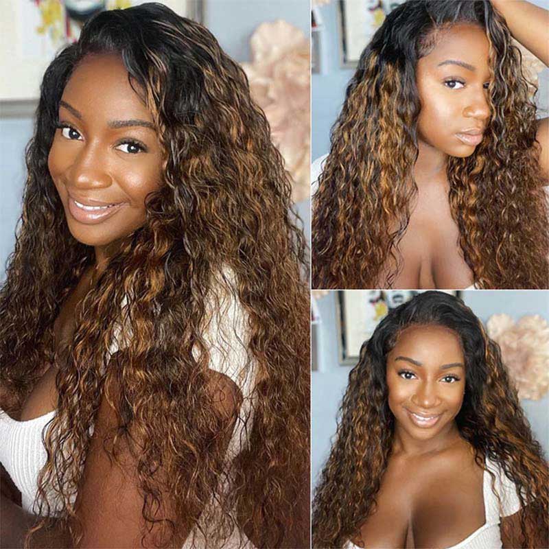 Ulike Brown Black Color 360 Lace Water Wave Wigs 1B/30 Highlight Transparent  Wigs  Human Hair Colored Wigs