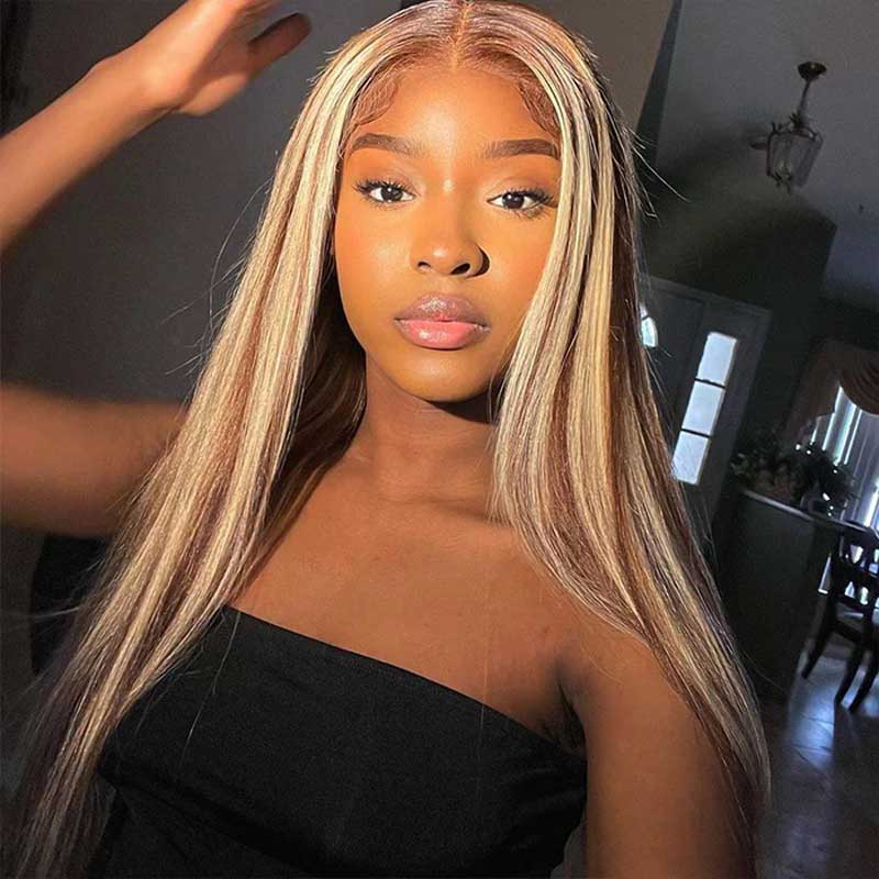 Alibonnie Brown With Blonde Highlight Wigs P4/613 13x4 Transparent Lace Straight Wigs