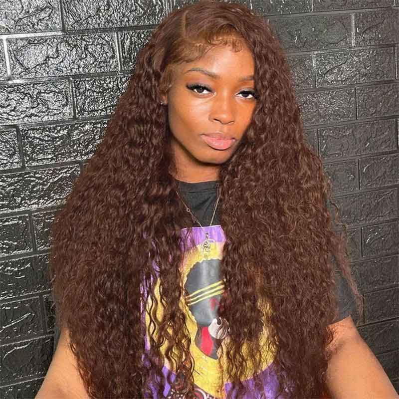 Ulike Chocolate Dark Brown Water Wave 13x4 Lace Frontal Glueless Human Hair Wigs