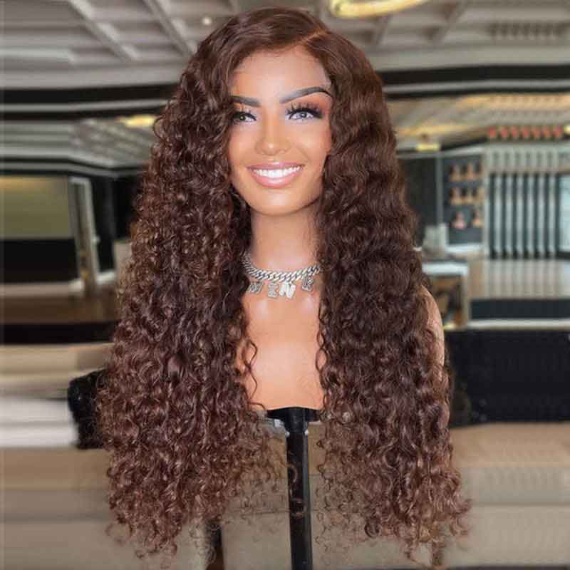 Ulike Chocolate Dark Brown Water Wave 13x4 Lace Frontal Glueless Human Hair Wigs