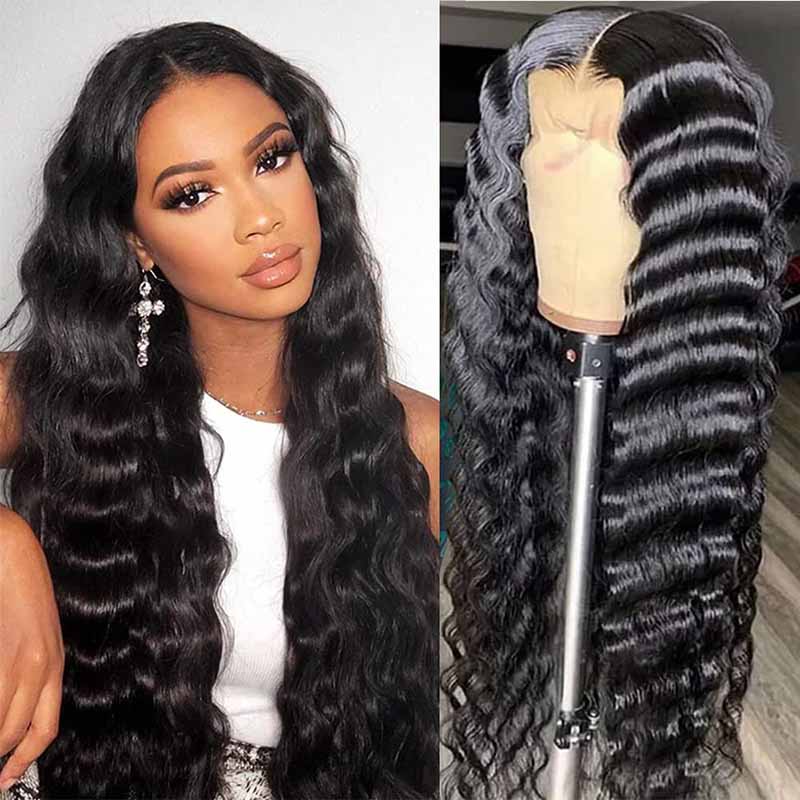 Ulike Full Lace Loose Deep Wave Wigs Transparent Wigs Human Hair Pre Plucked 180% Density