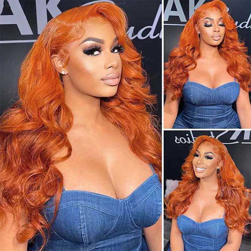 Ulike Ginger Color Body Wave 360 Transparent Lace Wigs Pre Plucked Copper Red Colored  Wigs