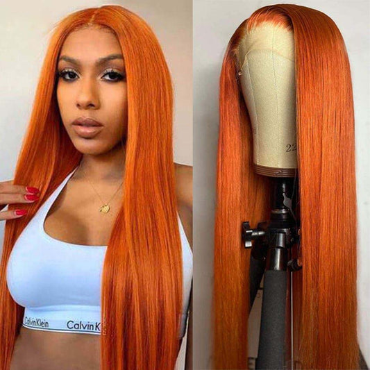 Ulike Ginger Orange Color Straight 13x4 Transparent Lace Front Wig Natural Hairline With Baby Hair 180% Density