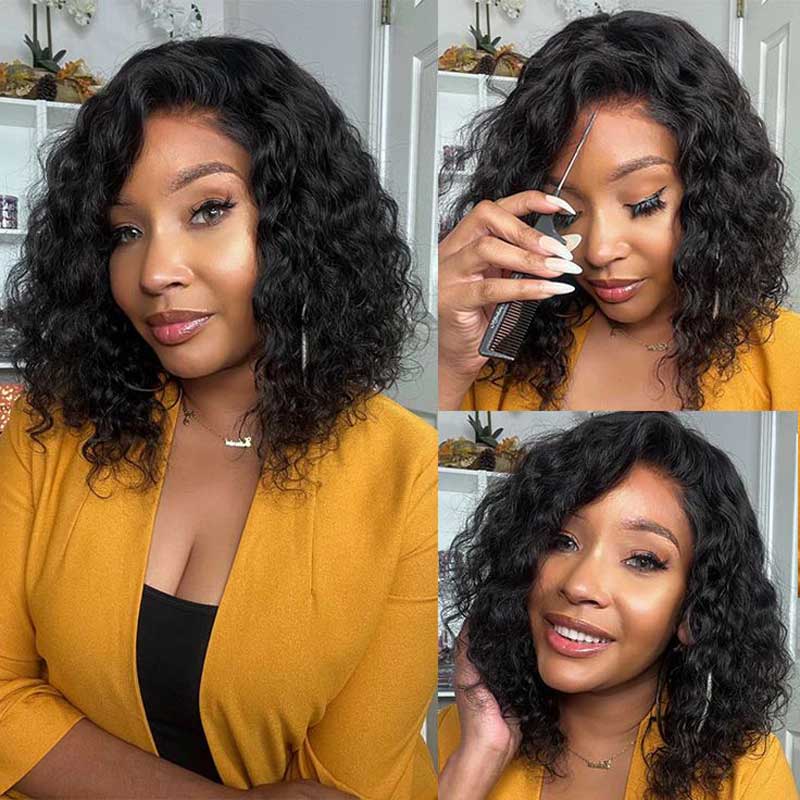 ulike Glueless Pre Cut 4x4 Lace Closure Bob Wigs Human Hair Water Wave Wear Go Wigs