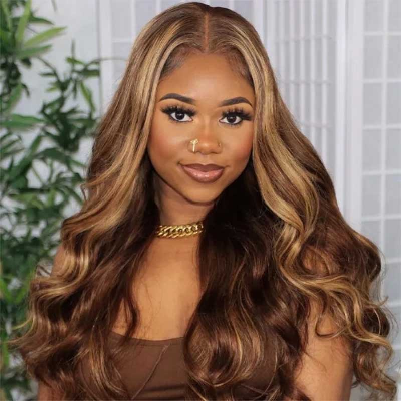 Ulike Glueless Pre Cut 5X5 Closure Wigs Body Wave Honey Blonde Highlight Lace Wigs 180% Density