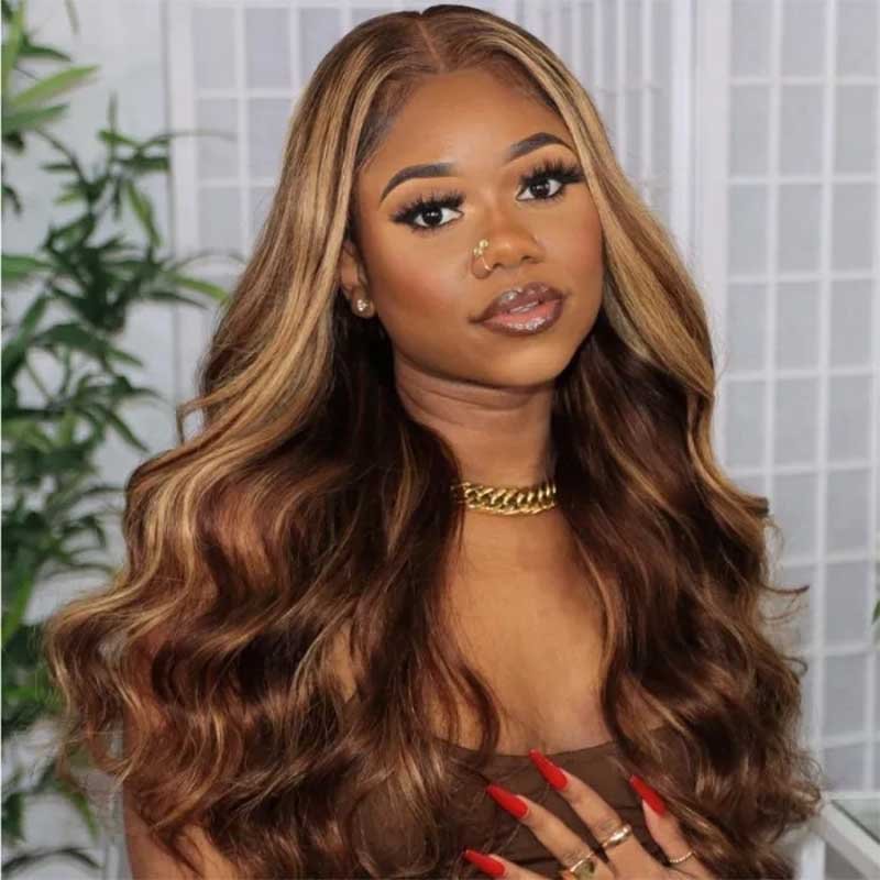 Ulike Glueless Pre Cut 5X5 Closure Wigs Body Wave Honey Blonde Highlight Lace Wigs 180% Density