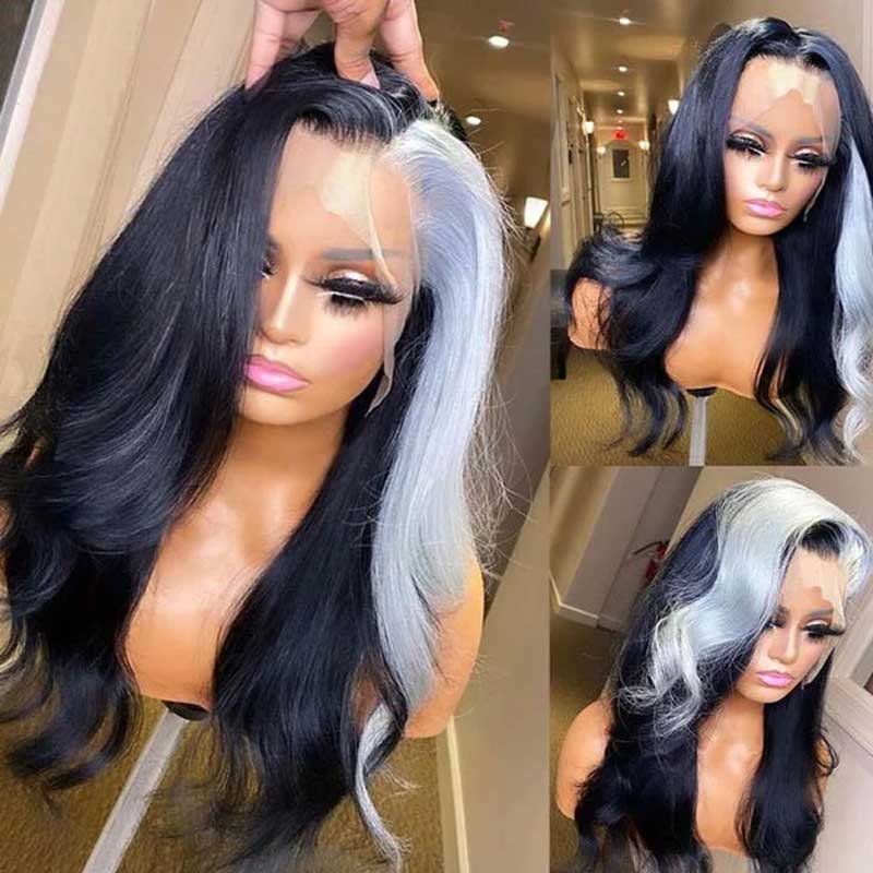 Ulike Gray Skunk Stripe Wigs Body Wave Hairstyle 13x4 Transparent Lace Front Wigs