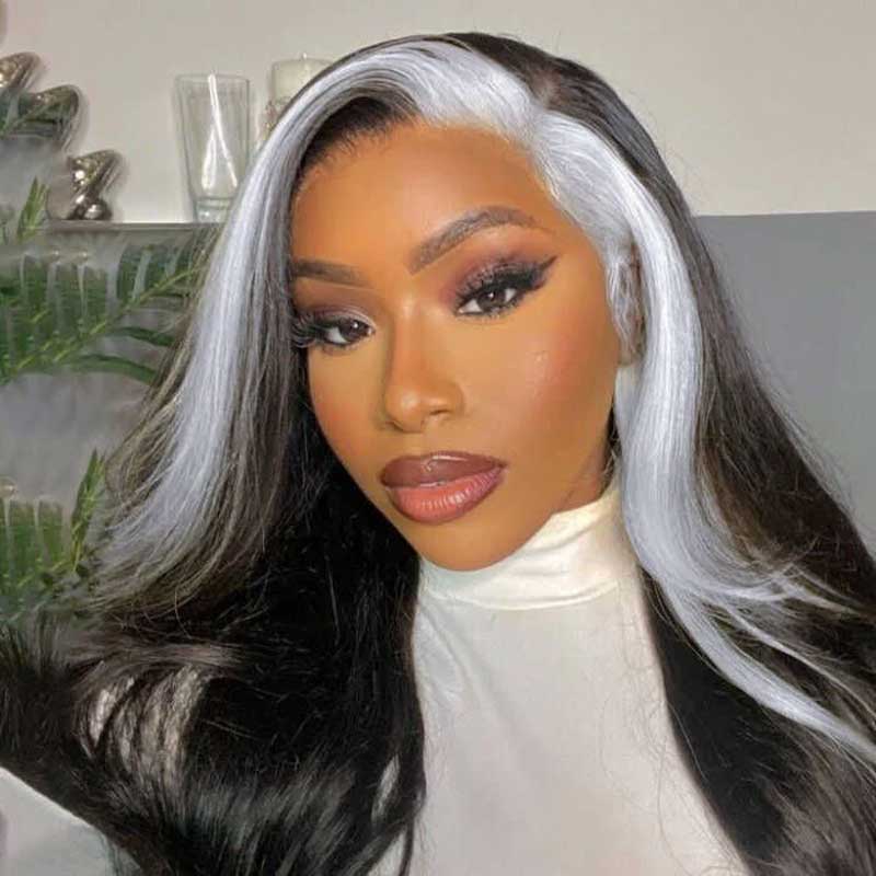 Ulike Gray Skunk Stripe Wigs Body Wave Hairstyle 13x4 Transparent Lace Front Wigs