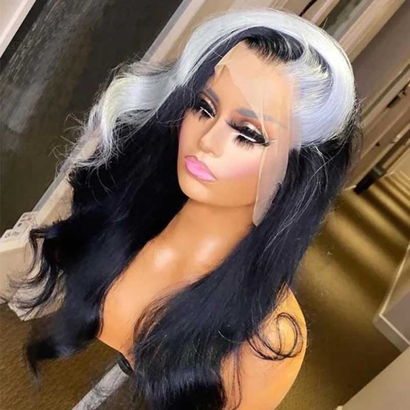 Ulike Gray Skunk Stripe Wigs Body Wave Hairstyle 13x4 Transparent Lace Front Wigs