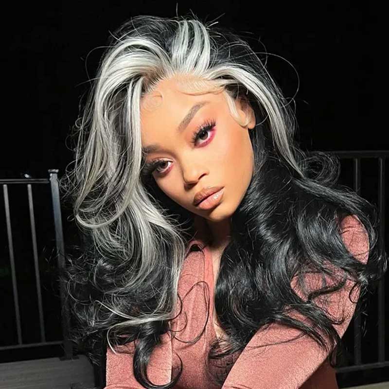 Ulike Gray Skunk Stripe Wigs Body Wave Hairstyle 13x4 Transparent Lace Front Wigs