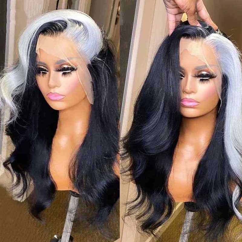 Ulike Gray Skunk Stripe Wigs Body Wave Hairstyle 13x4 Transparent Lace Front Wigs