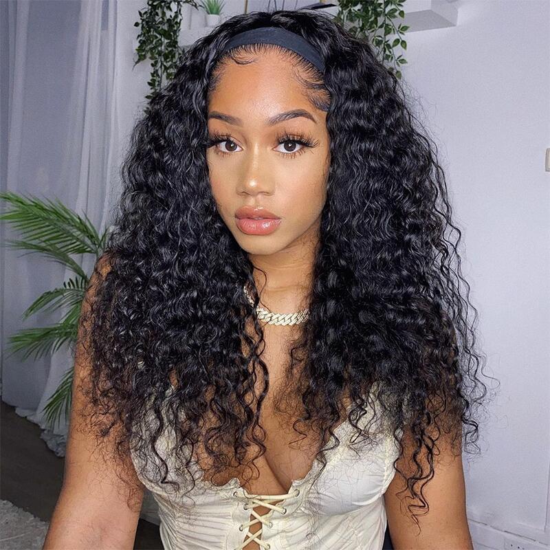 Ulike Hair 100% Human Hair Headband Scarf Wig Deep Wave Human Hair Wig No plucking wigs for Women No Glue No Sew In