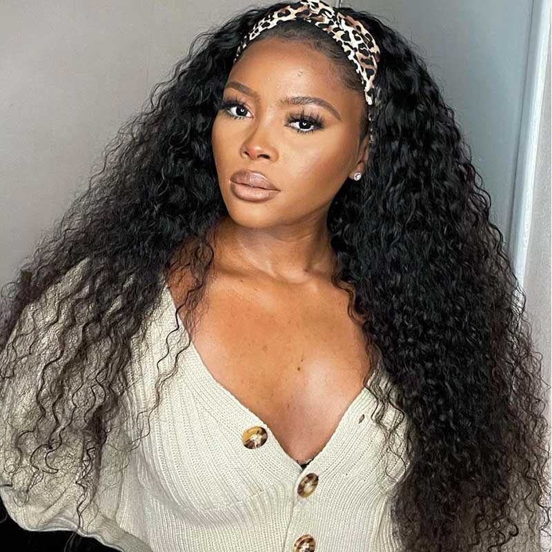 Ulike Hair 100% Human Hair Headband Scarf Wig Deep Wave Human Hair Wig No plucking wigs for Women No Glue No Sew In