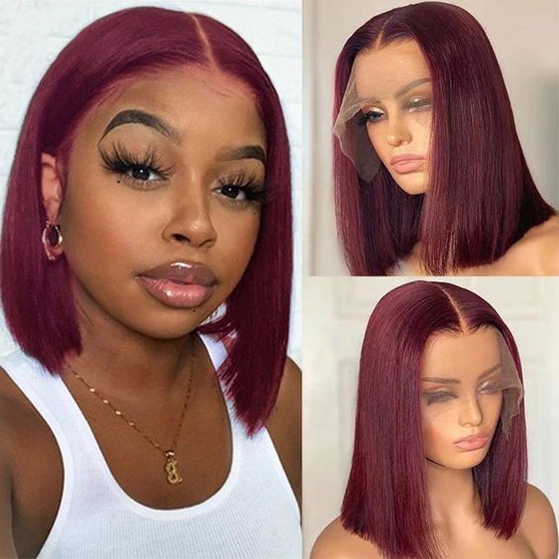 Ulike Hair Burgundy 99J Short Bob Wigs Silk Straight 4x4 13x4 Lace Closure Wigs For Women