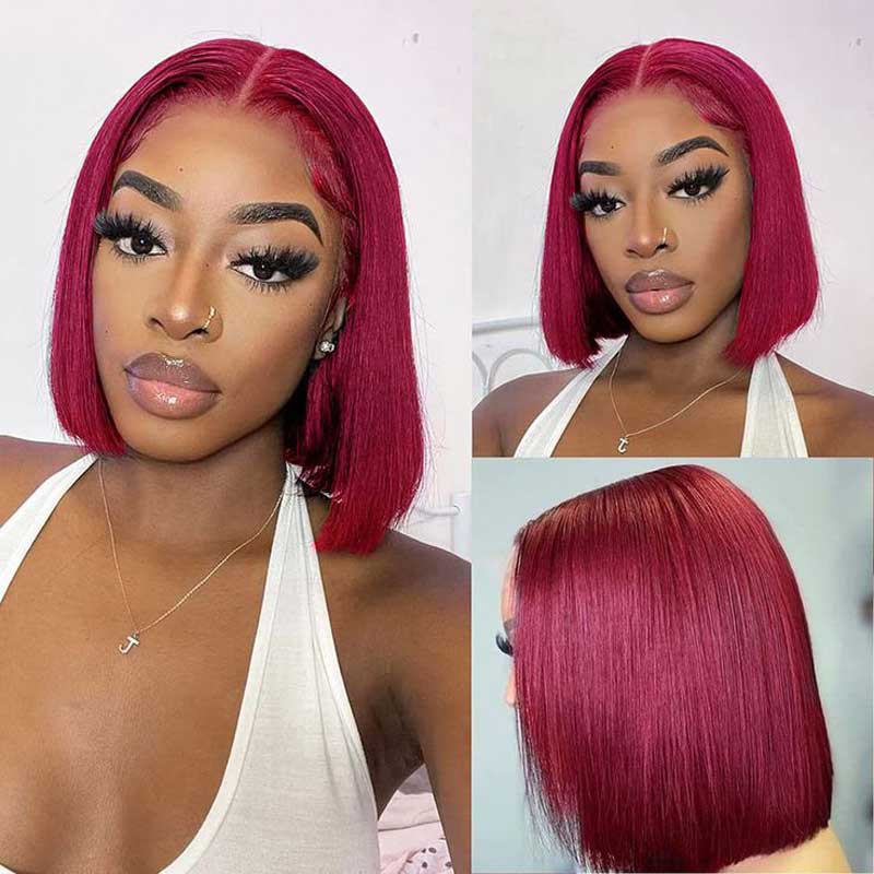 Ulike Hair Burgundy 99J Short Bob Wigs Silk Straight 4x4 13x4 Lace Closure Wigs For Women